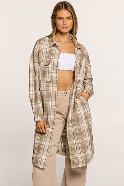 Plaid Button-Up Longline Shacket with Breast Pockets