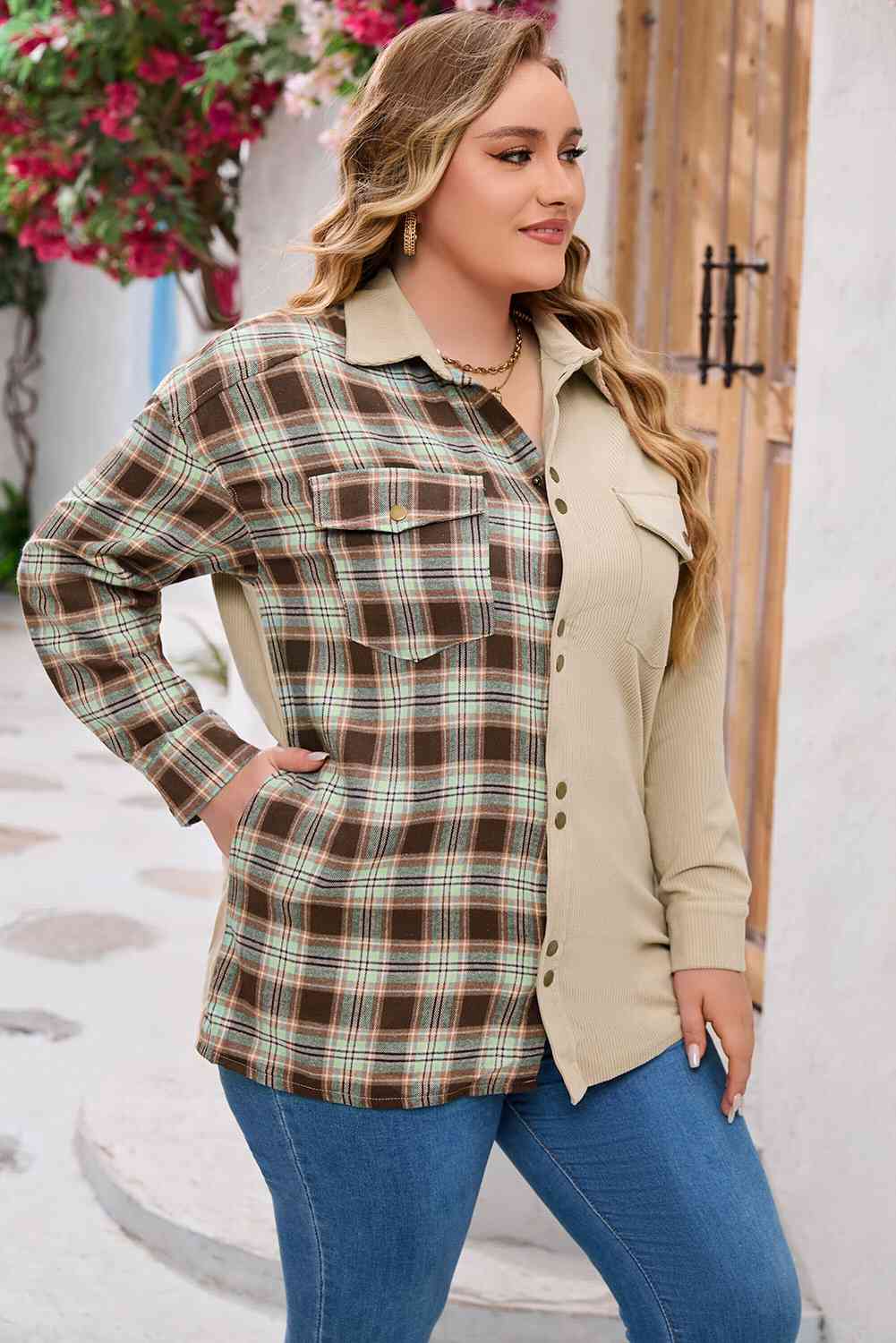 Plus Size Plaid Spliced Corduroy Shacket