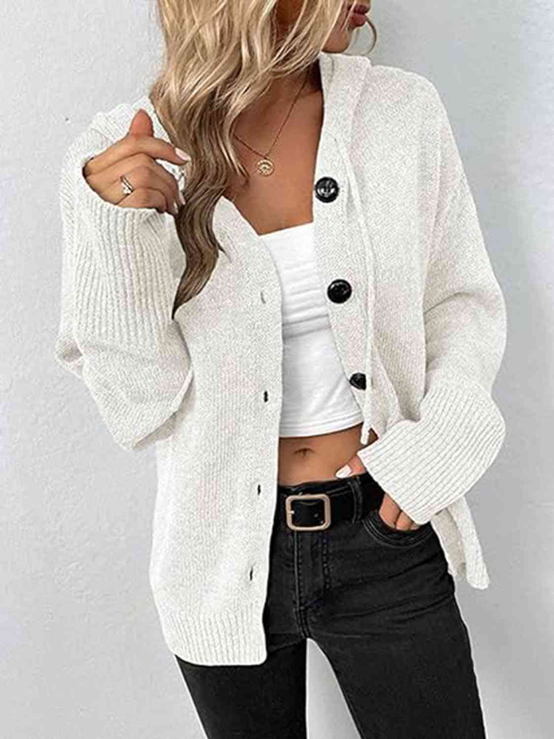 Button Up Drawstring Long Sleeve Hooded Cardigan