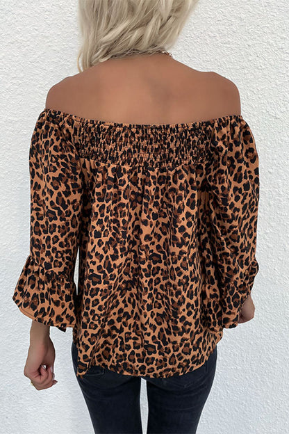 Leopard Flared Sleeve Off-Shoulder Blouse