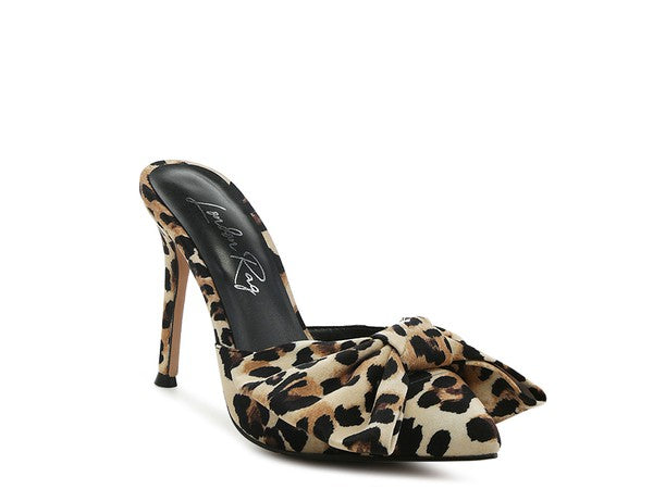 Joelle High Heel Bow Tie Leopard Print Mules