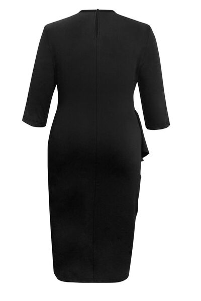 Plus Size Ruffle Trim Round Neck Long Sleeve Dress