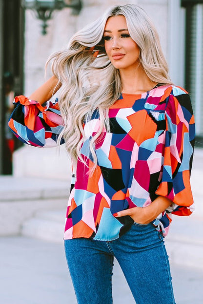 Color Block Crewneck Ruffled Puff Sleeve Blouse