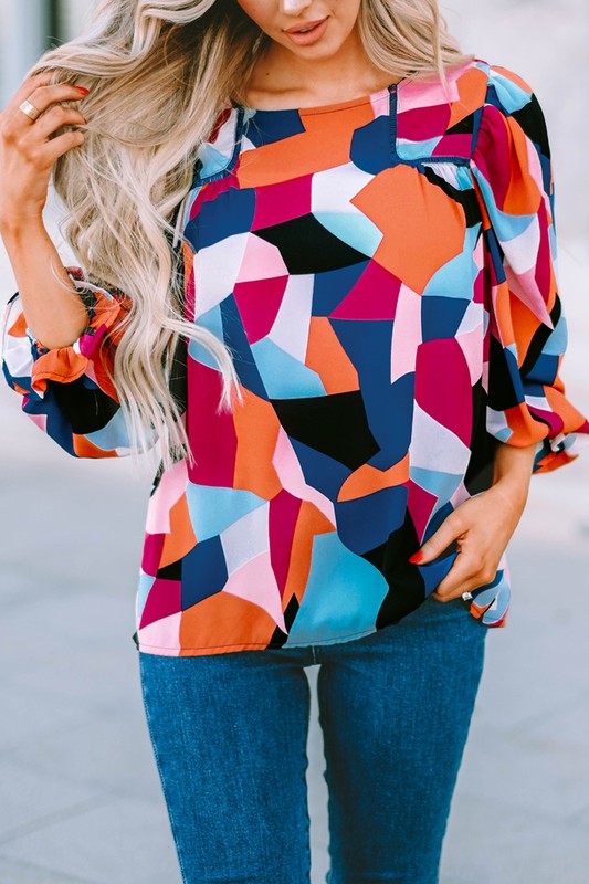 Color Block Crewneck Ruffled Puff Sleeve Blouse