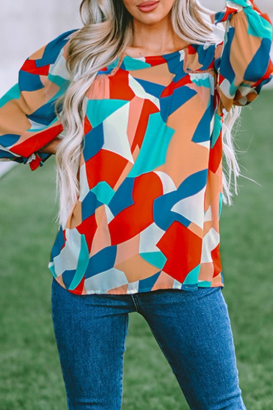 Color Block Crewneck Ruffled Puff Sleeve Blouse