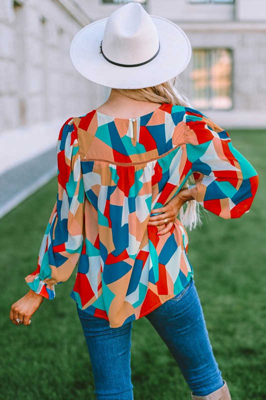 Color Block Crewneck Ruffled Puff Sleeve Blouse