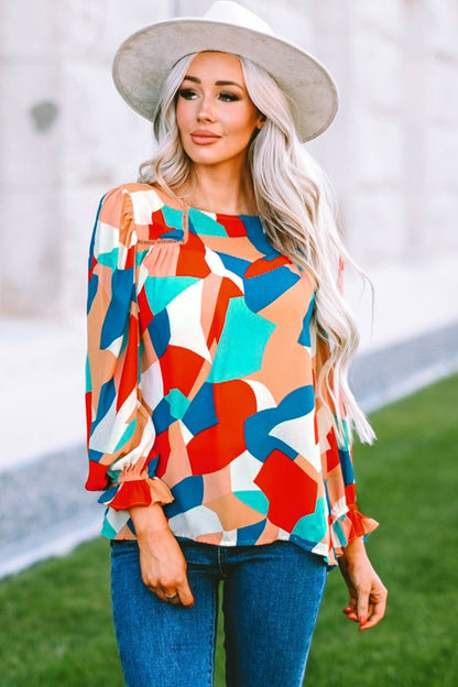 Color Block Crewneck Ruffled Puff Sleeve Blouse