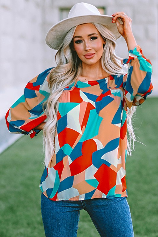 Color Block Crewneck Ruffled Puff Sleeve Blouse