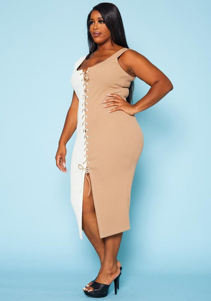 Plus Size Ribbed Two Tone Lace Up Midi Dress