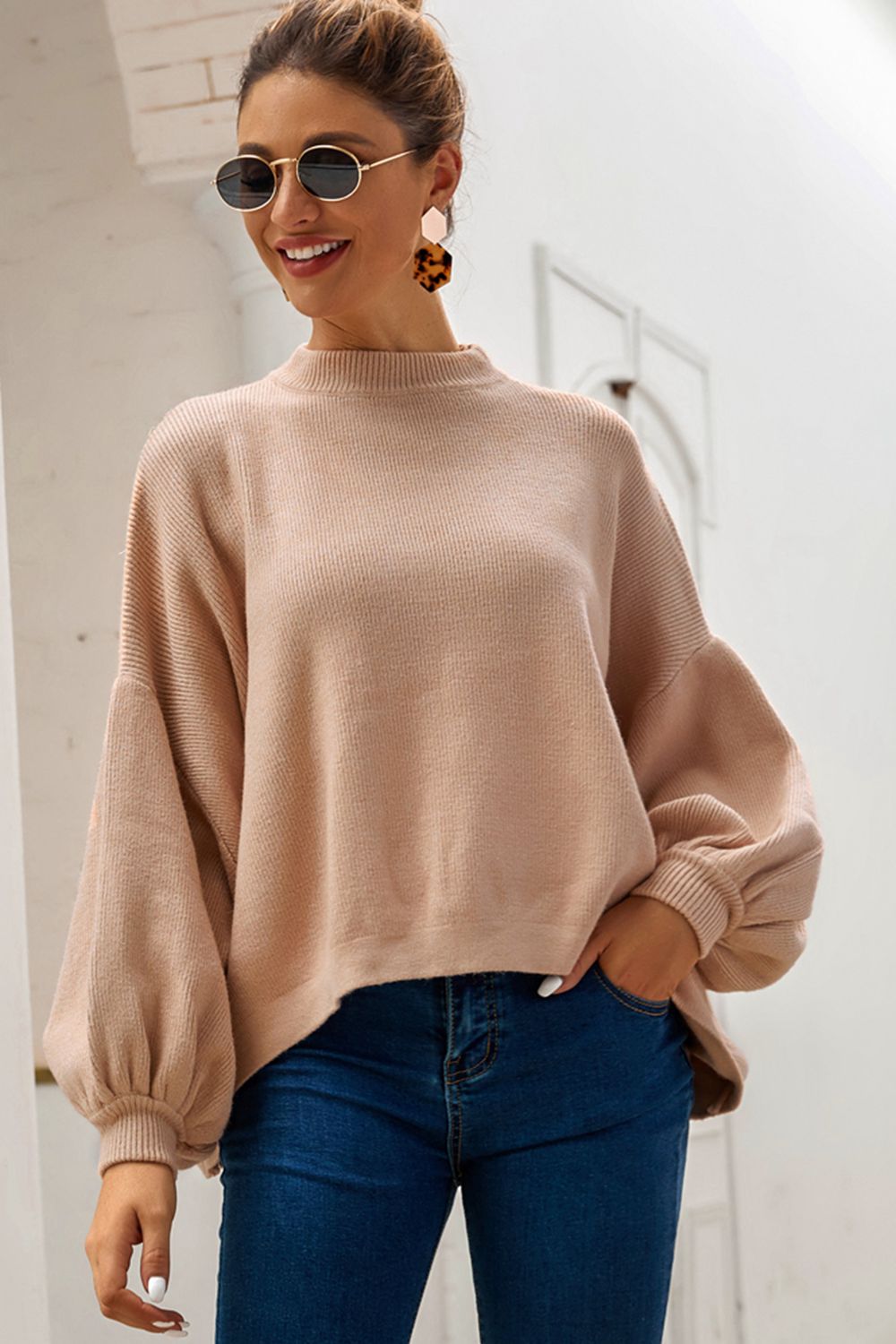 Round Neck Dropped Shoulder Lantern Sleeve Sweater