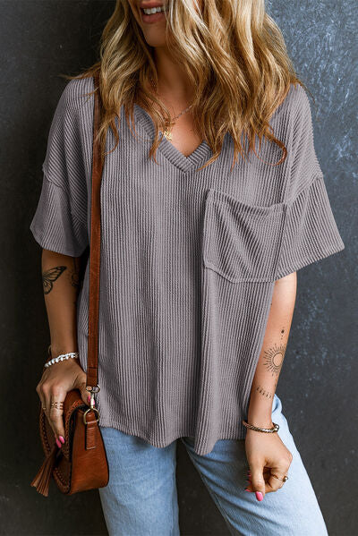 Textured V-Neck Dropped Shoulder T-Shirt