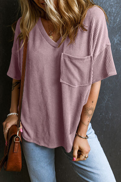 Textured V-Neck Dropped Shoulder T-Shirt