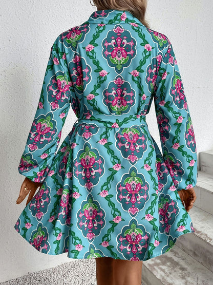 Printed Tie-Waist Balloon Sleeve Shirt Dress