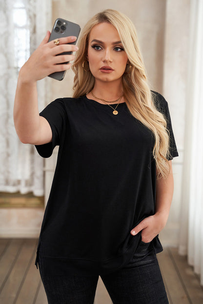 Plus Size Side Slit Round Neck T-Shirt