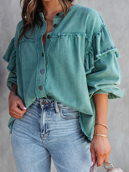 Button Down Raw Hem Denim Jacket