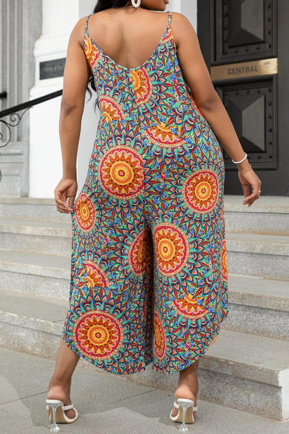 Plus Size Printed Spaghetti Strap Wide Leg Jumpsuit