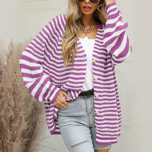 Striped Button Down Long Sleeve Cardigan