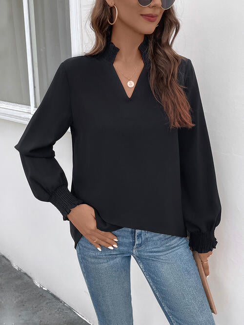 Smocked Notched Long Sleeve Blouse