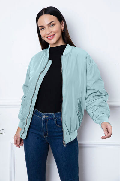 Ruched Zip Up Dropped Shoulder Jacket