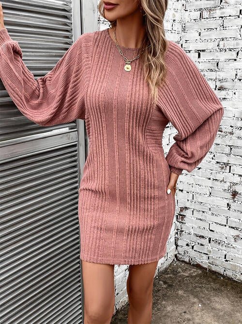 Ribbed Round Neck Long Sleeve Dress