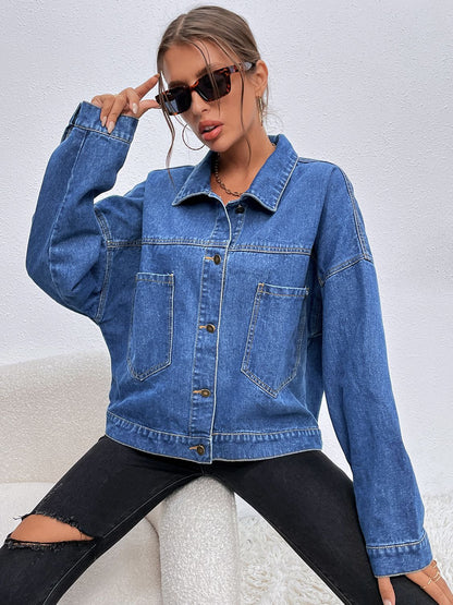 Collared Neck Dropped Shoulder Denim Jacket