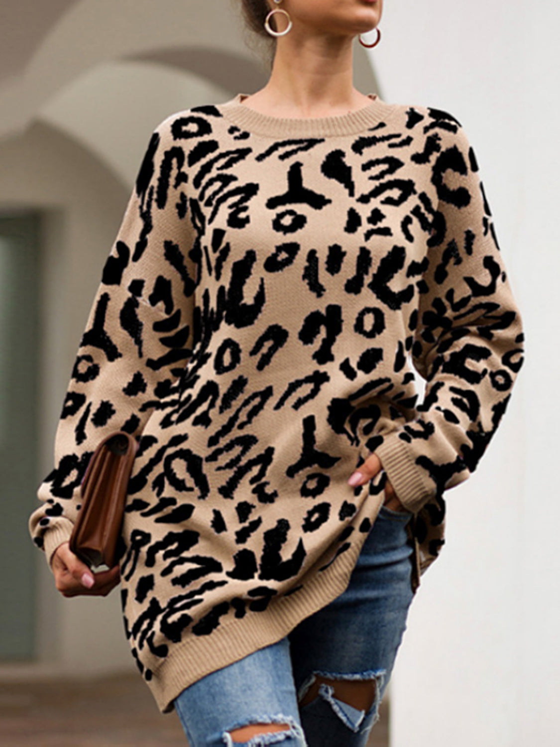 Leopard Round Neck Tunic Sweater