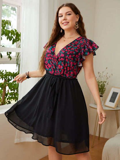 Plus Size Floral Surplice Neck Flutter Sleeve Dress