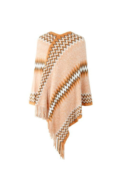 Fringe Hem Striped Cape Sleeve Poncho