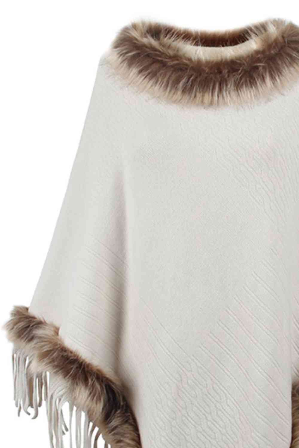 Faux Fur Trim Fringed Poncho