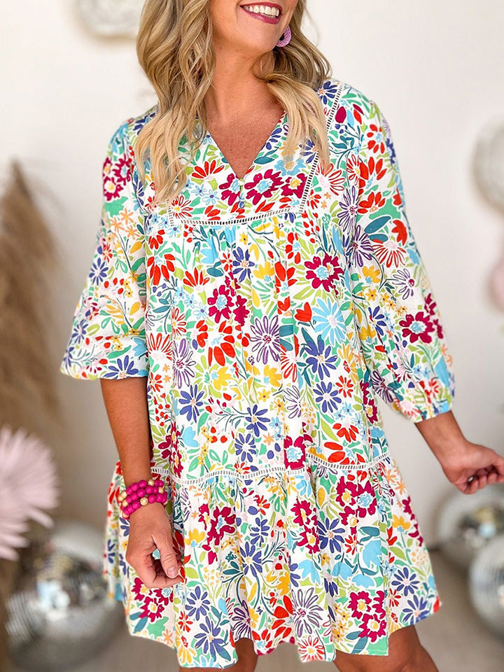 V-Neck Floral Print Long Sleeve Mini Dress