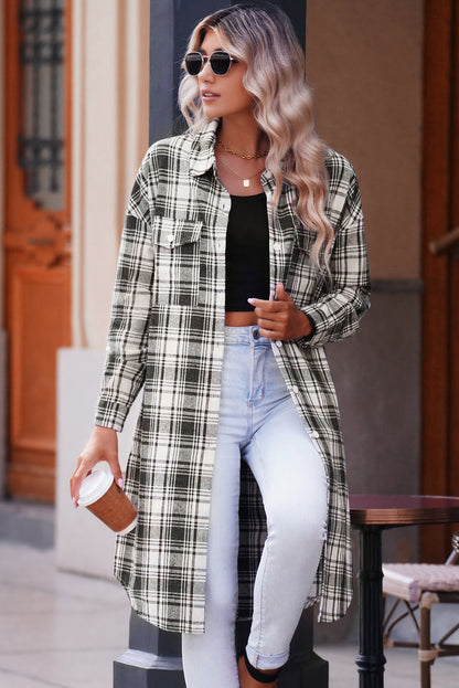 Plaid Button-Up Longline Shacket with Breast Pockets