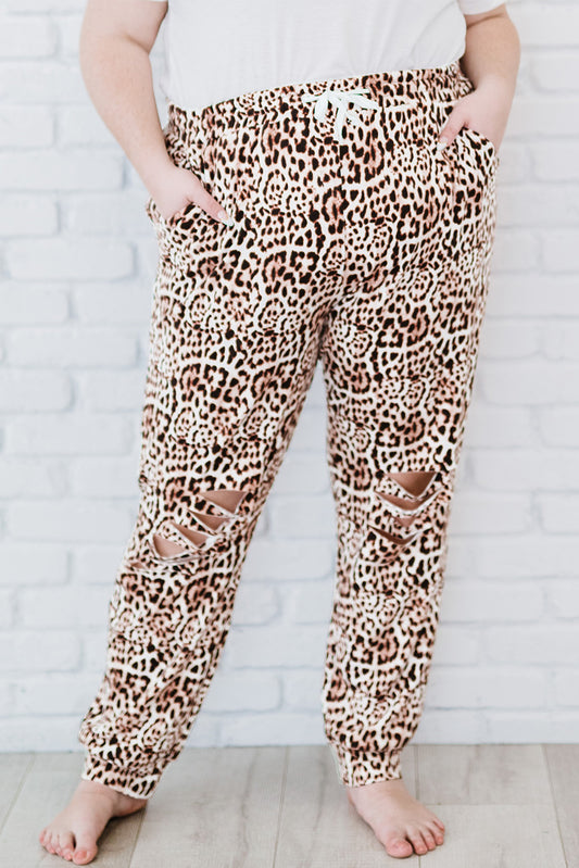 Plus Size Leopard Distressed Joggers with Pockets