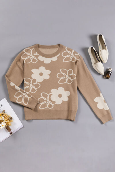 Flower Round Neck Dropped Shoulder Sweater