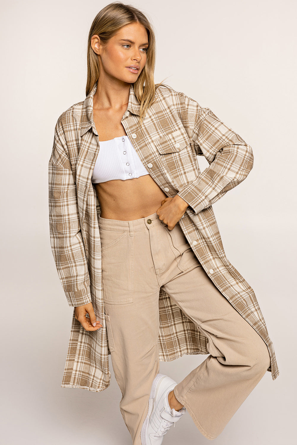 Plaid Button-Up Longline Shacket with Breast Pockets