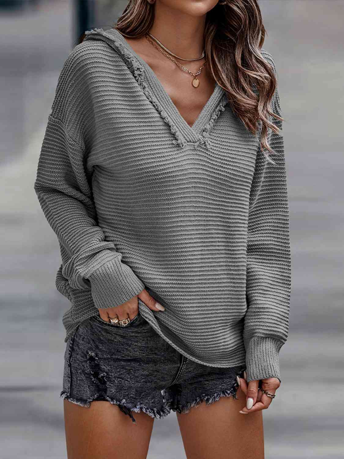 Horizontal Ribbing Hooded Sweater