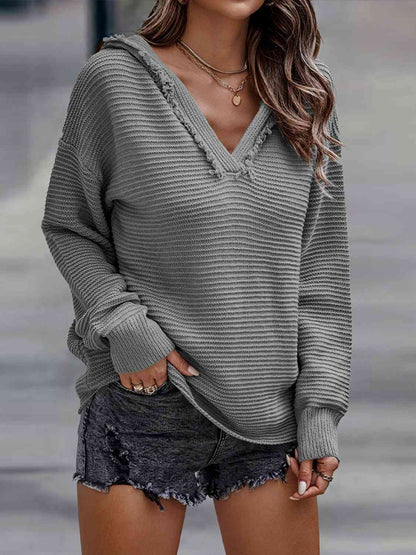 Horizontal Ribbing Hooded Sweater