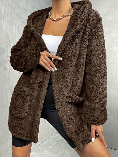 Fuzzy Pocketed Open Front Hooded Jacket