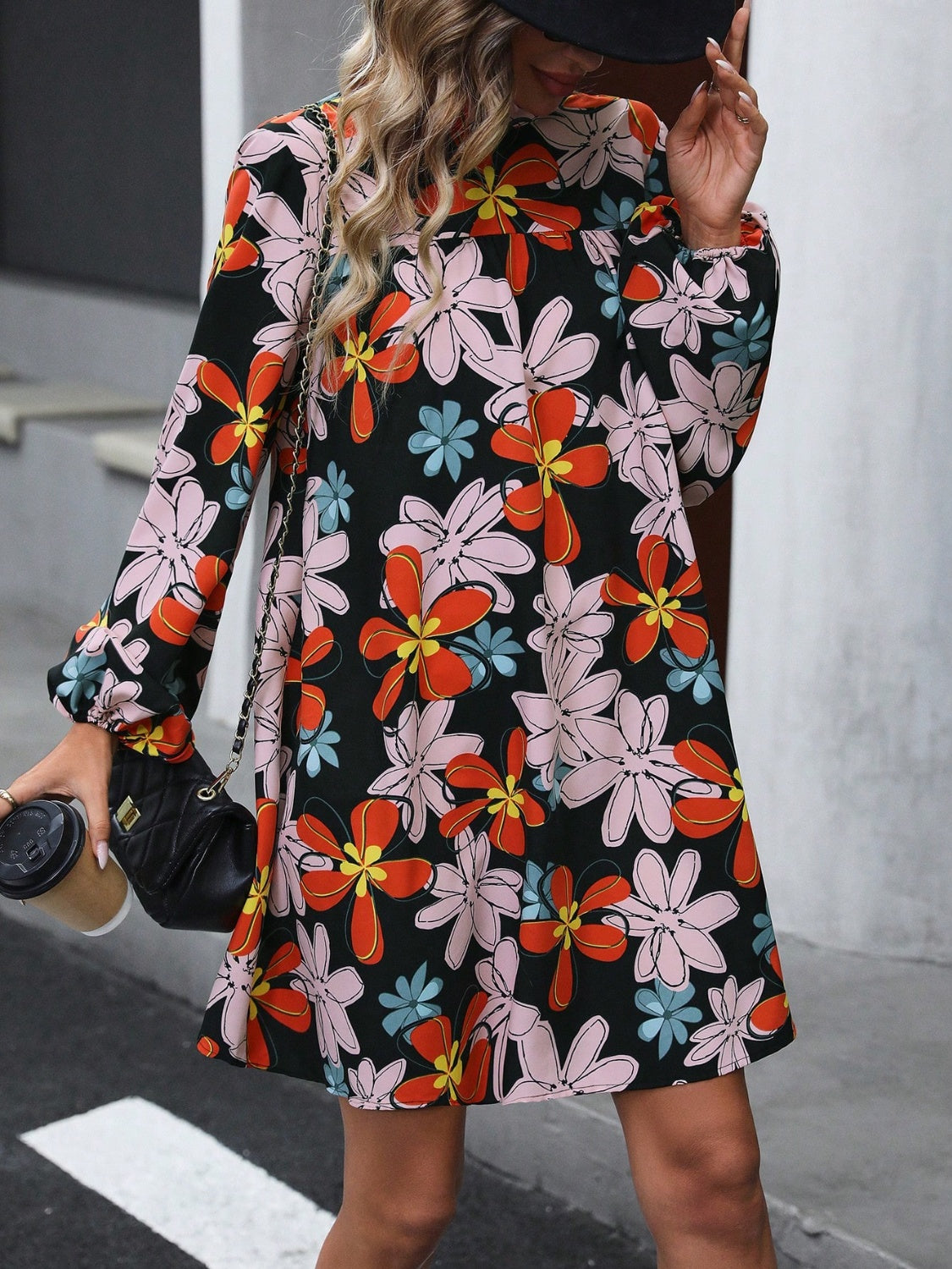 Floral Mock Neck Balloon Sleeve Dress