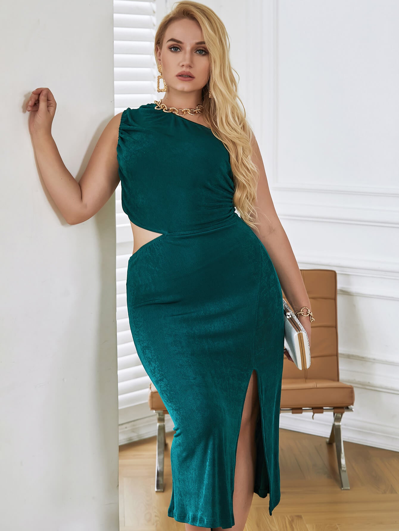 Plus Size Cutout Asymmetrical Neck Split Dress