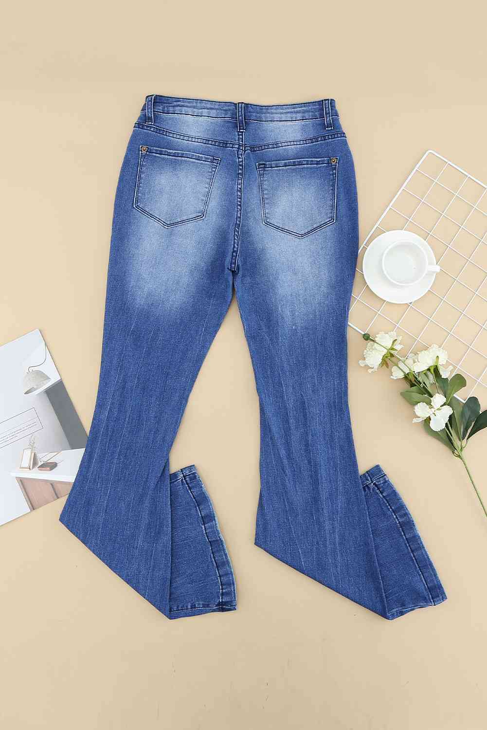 Baeful Distressed Flare Leg Jeans with Pockets