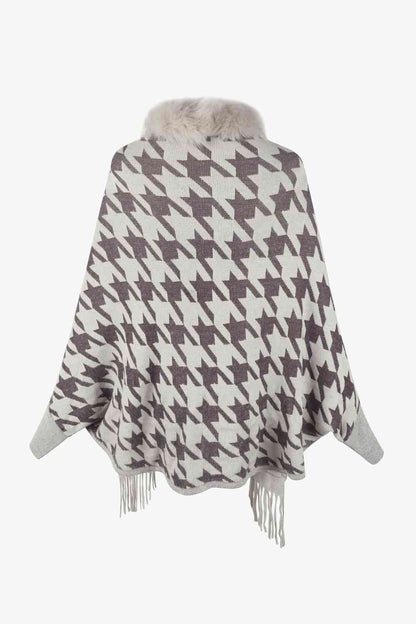 Houndstooth Fringe Hem Poncho