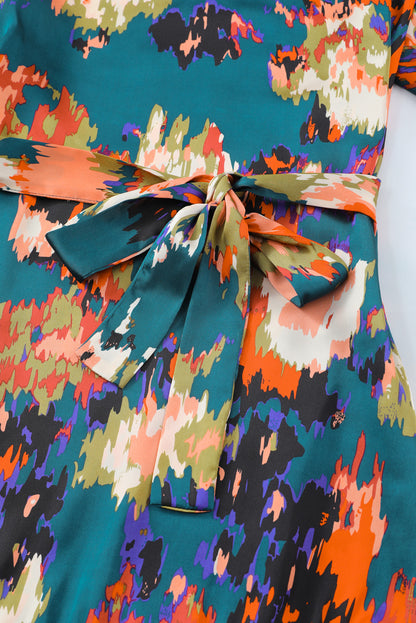 Abstract Print Belted Ruffle Hem Dress