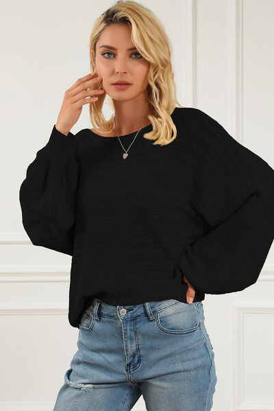 Openwork Boat Neck Lantern Sleeve Sweater