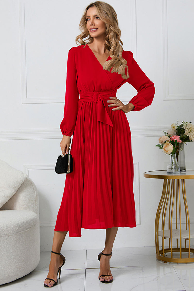 V-Neck Long Sleeve Tie Waist Midi Dress