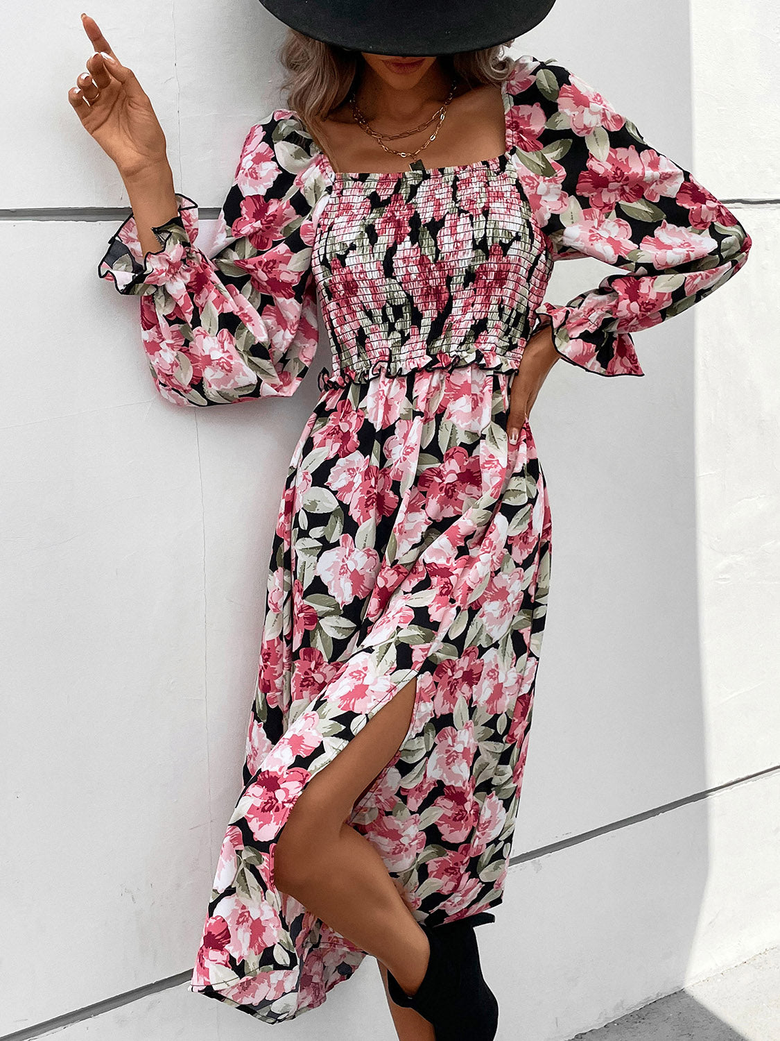 Slit Smocked Floral Flounce Sleeve Dress