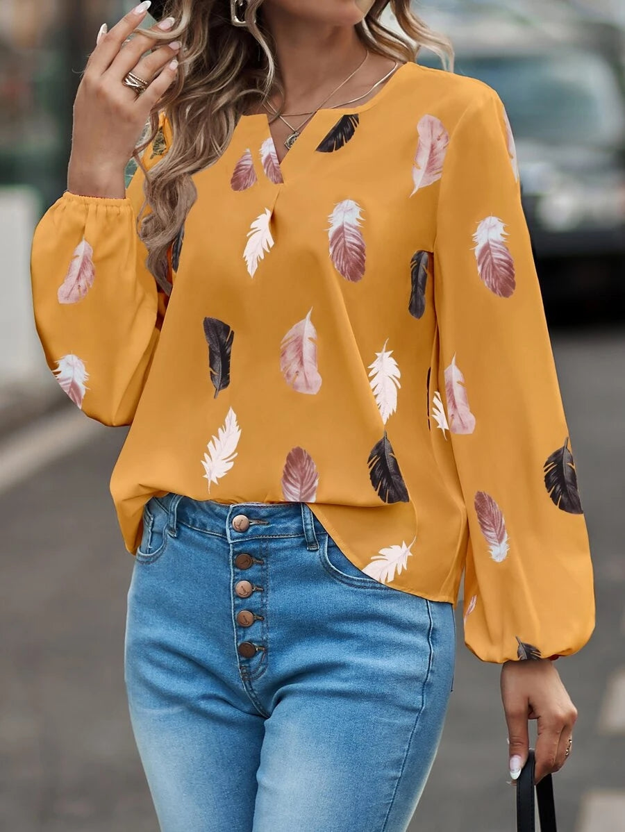 Printed Notched Neck Long Sleeve Blouse