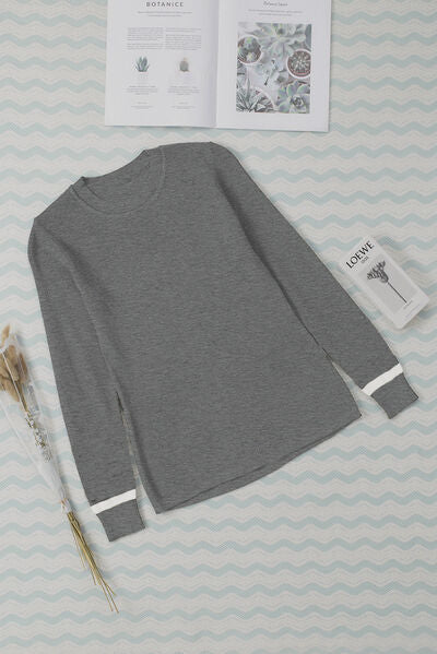 Round Neck Contrast Long Sleeve Knit Top