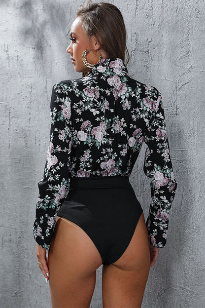 Floral Lapel Collar Spliced Bodysuit