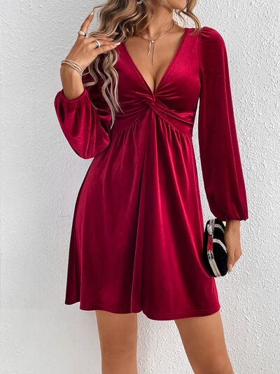 Twisted V-Neck Balloon Sleeve Mini Dress