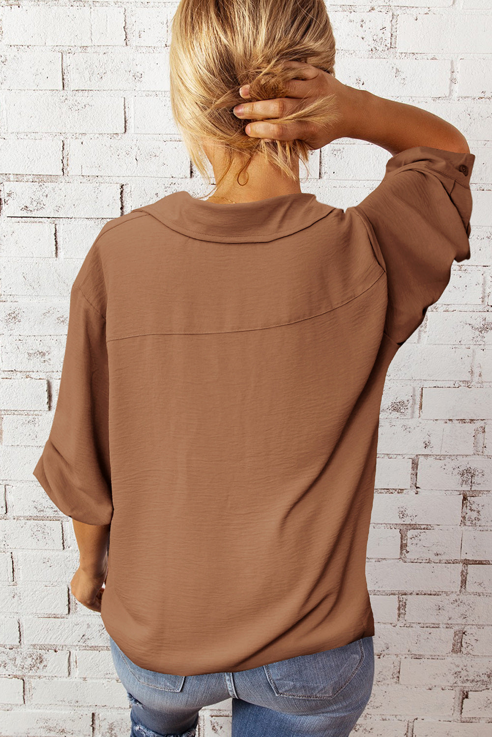 Textured Johnny Collar Three-Quarter Sleeve Blouse